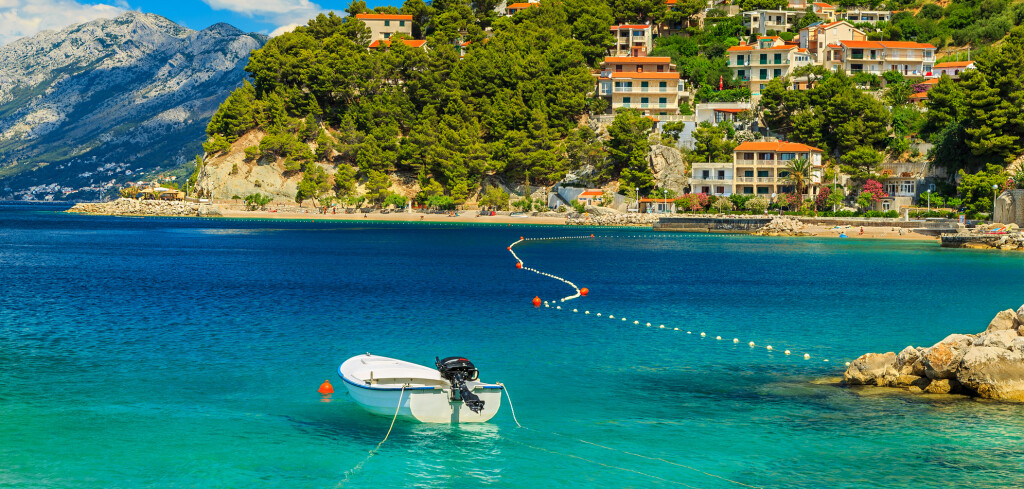 Stunning summer landscape with Adriatic Sea,Biokovo mountains and wonderful bay,Brela beach,Dalmatia,Croatia,Europe