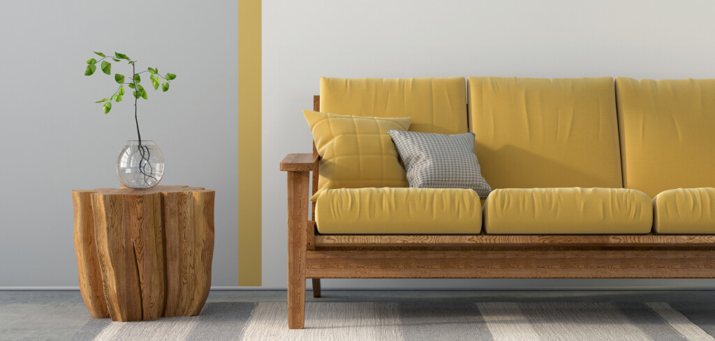 3D illustration. Interior with a yellow sofa, gray decor and concrete floor
