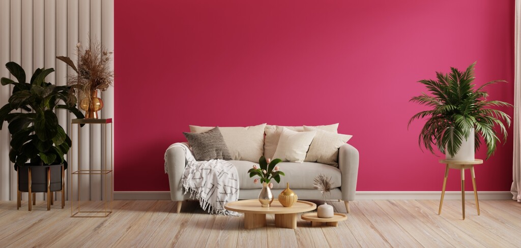 Viva magenta color wall background mockup with sofa furniture and decor.3d rendering