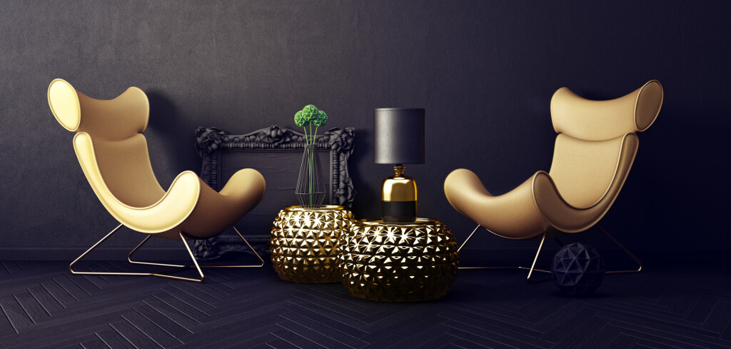 modern living room with yellow armchair and lamp. scandinavian interior design furniture. 3d render illustration