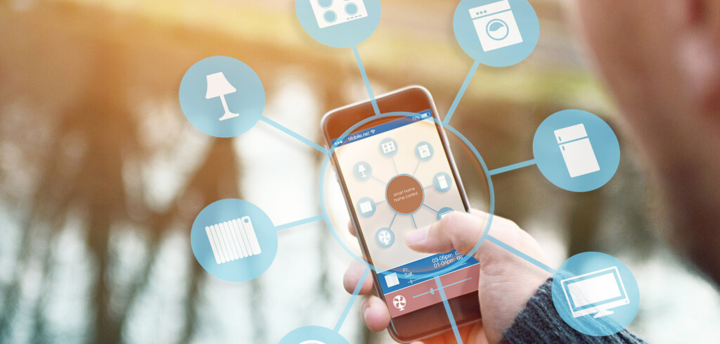 smart house, home automation, device illustration with app icons. Man in the nature holding his smartphone with smart home app