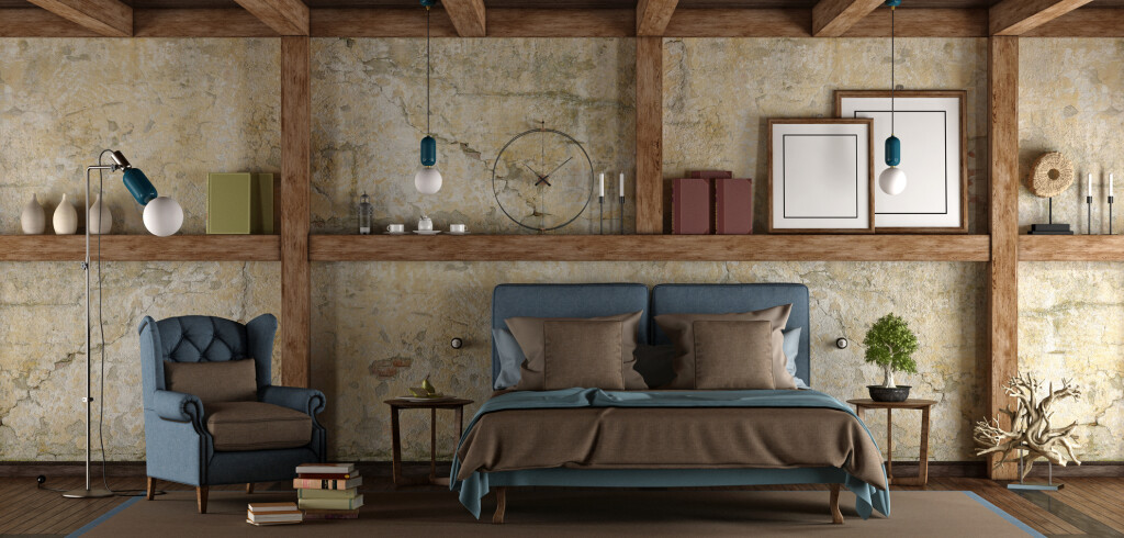 Master bedroom in rustic style with double bed and armchair - 3d rendering